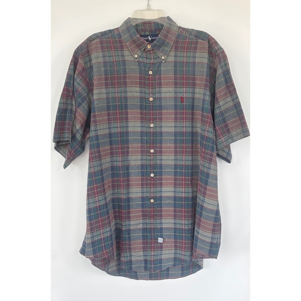 Ralph Lauren Mens XL Madras Handwoven Plaid Short Sleeve Button Down Shirt Multi